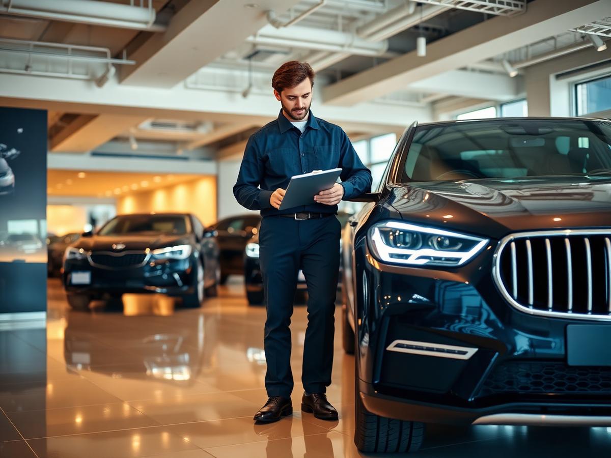 Liberty Auto Dealers technician inspecting a luxury vehicle in the Sample City showroom