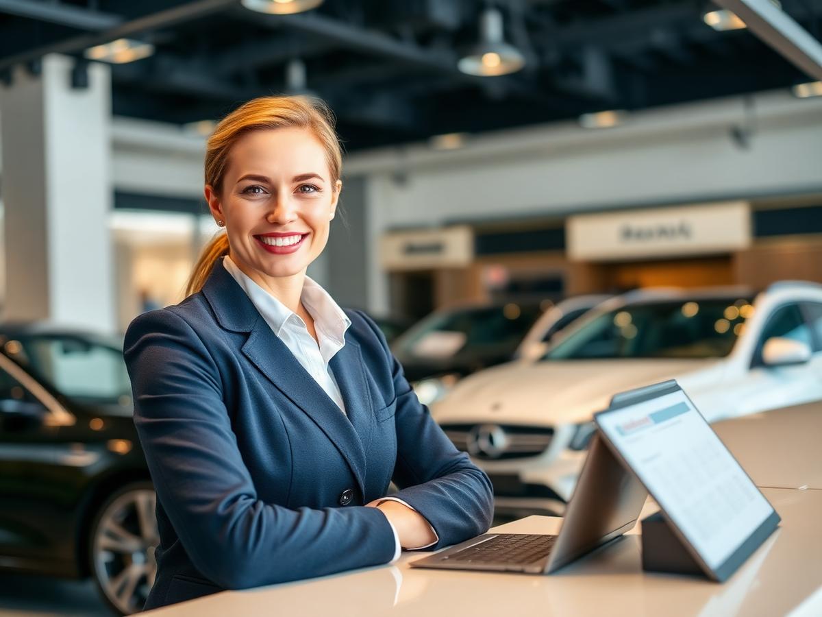 Liberty Auto Dealers customer service specialist at the Sample City showroom front desk