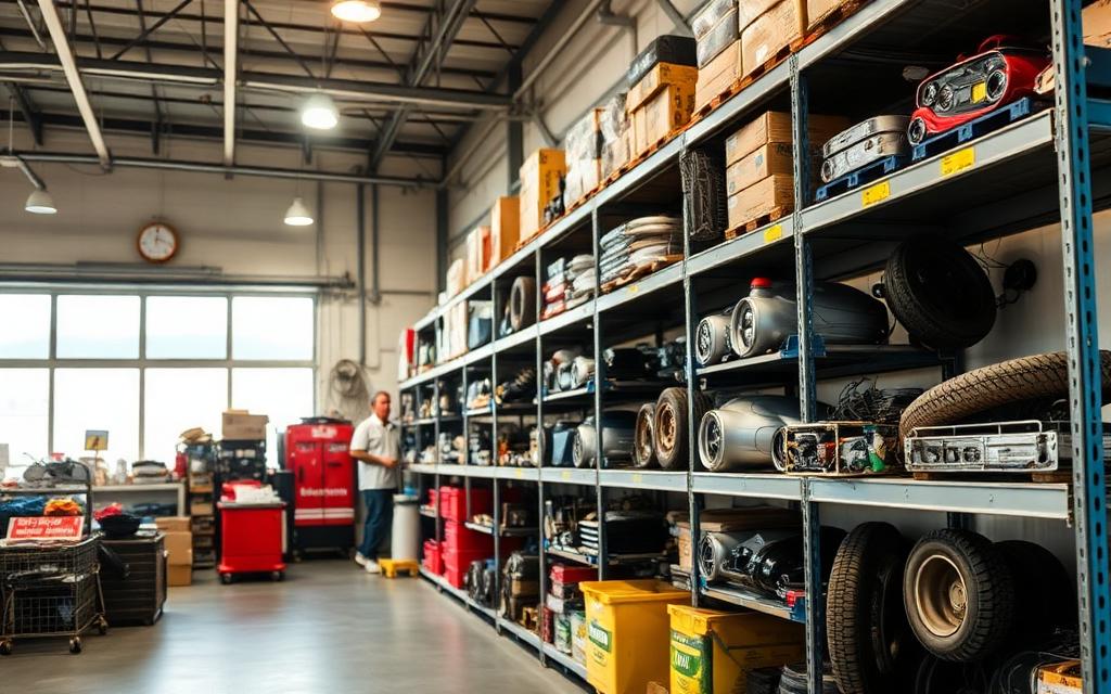 Organized workshop shelves of genuine car parts