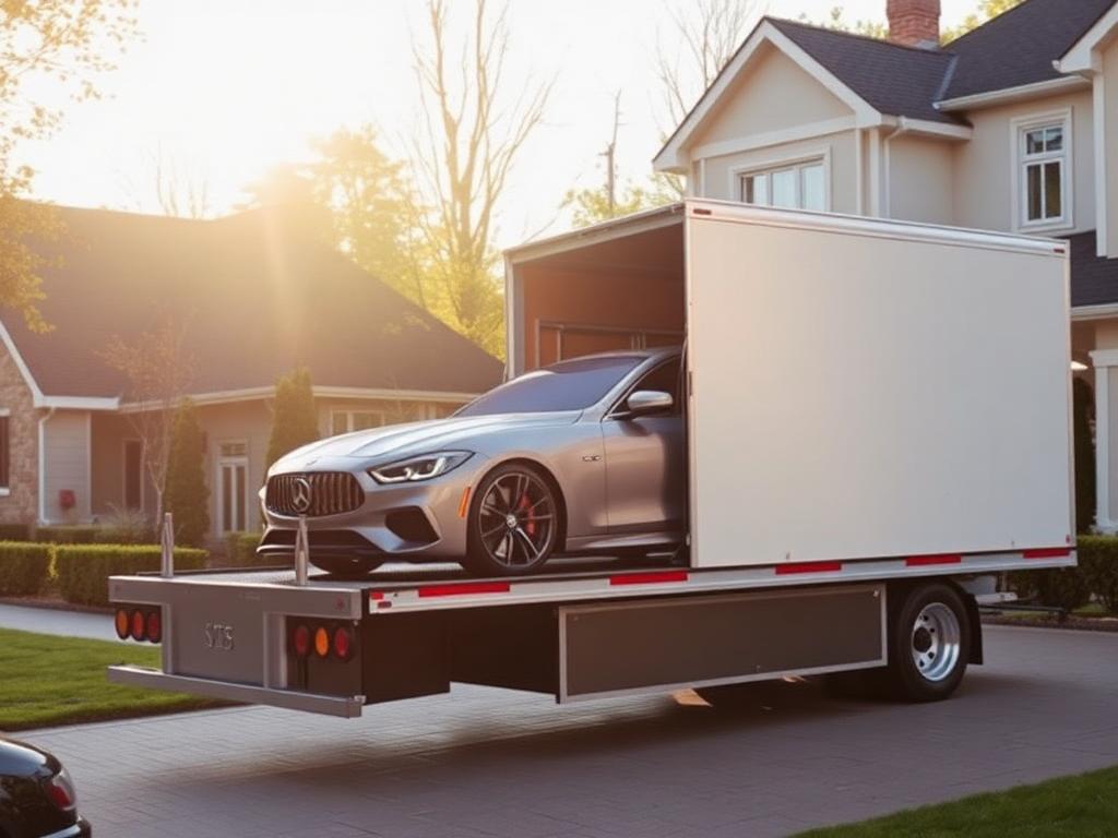 Enclosed transport truck delivering a car to a customer home