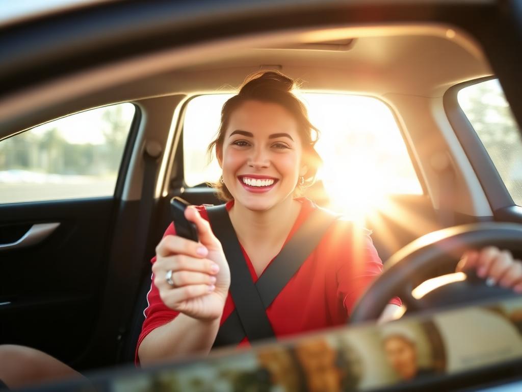 Happy driver holding the keys to a newly purchased car